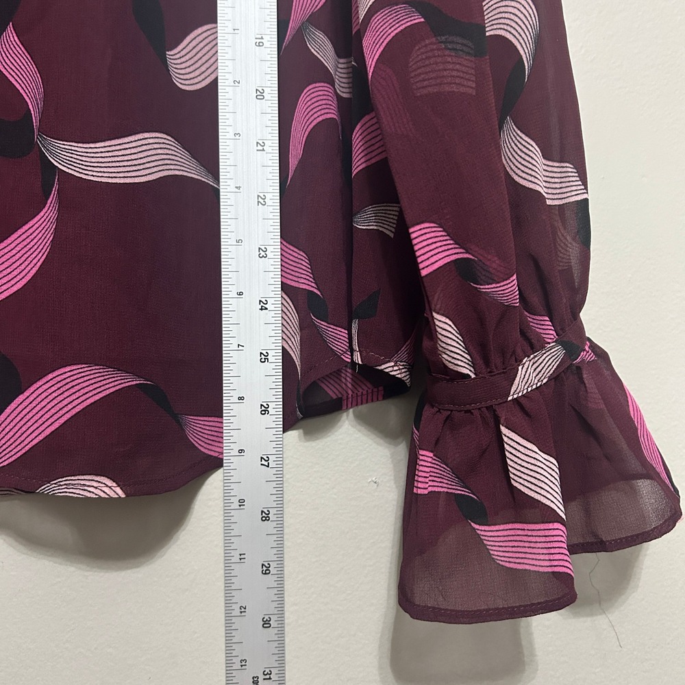 Ann Taylor Blouse Womens XL Burgundy Pink NWT Abstract Ribbon Ruffle Tie Neck - Picture 8 of 9